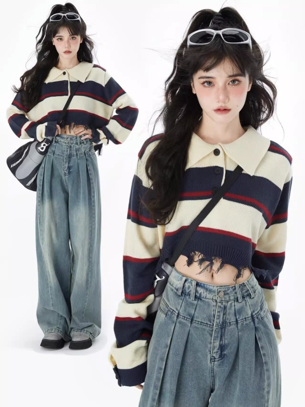 American retro sweater spring college lazy style sweater women's new design lapel striped top