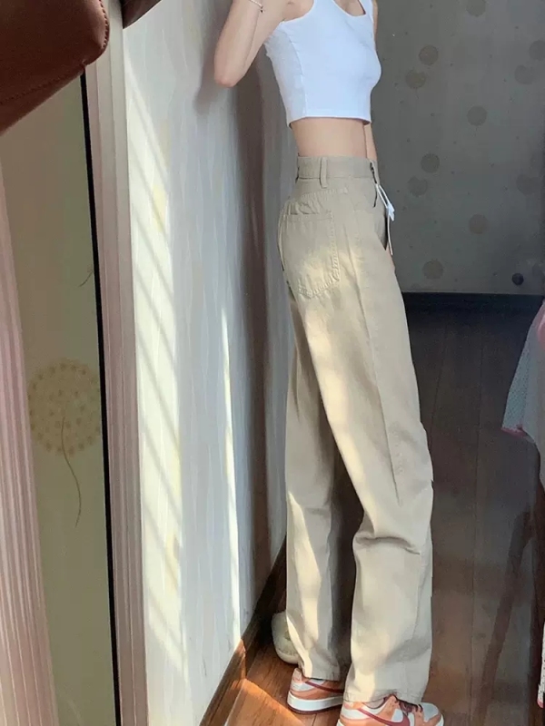 Khaki workwear narrow wide-leg pants for women summer thin high-waisted casual suit pants straight-leg floor-length trousers