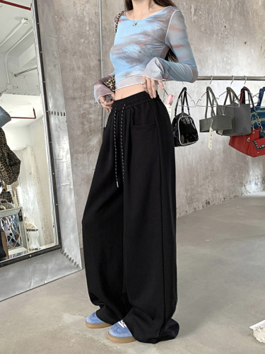 Lazy style gray casual pants, autumn sweatpants, women's high-waisted straight pants, wide-leg pants, long trousers, drapey floor-length pants