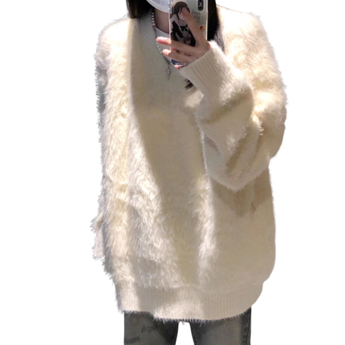 Imitation mohair white sweater women's new autumn and winter fufu lazy style thickened sweater top