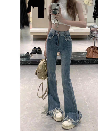 Blue tassel bootcut jeans for women, spring and autumn new style, high-waisted, large size, fat mm, slim-fitting, stretchy, slimming wide-leg pants