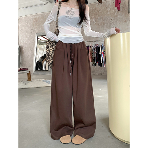 Lazy style gray casual pants, autumn sweatpants, women's high-waisted straight pants, wide-leg pants, long trousers, drapey floor-length pants