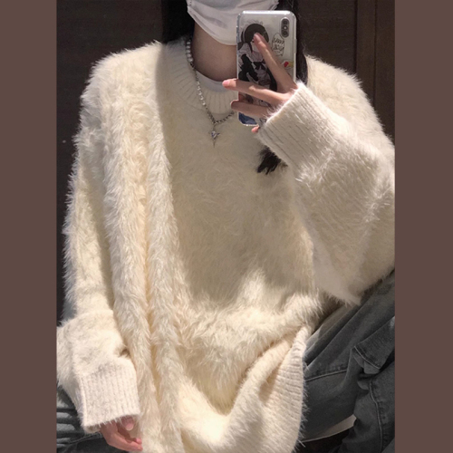 Imitation mohair white sweater women's new autumn and winter fufu lazy style thickened sweater top