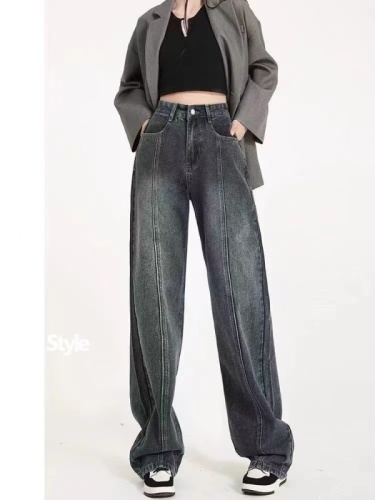 Spring and summer large size wide-leg pants Japanese women's light-colored washed trendy new high-waisted zipper trousers fashionable jeans