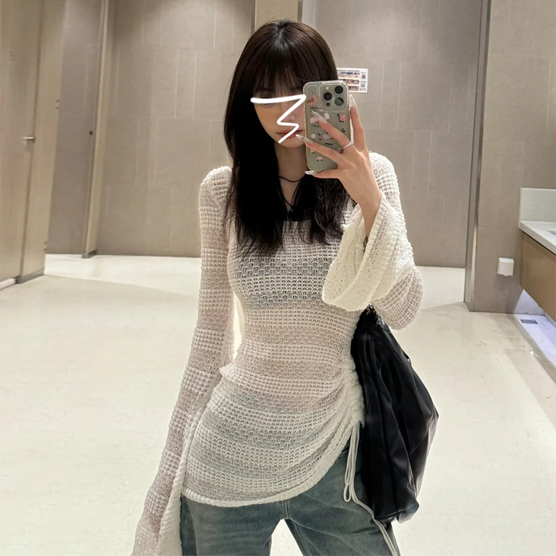 Women's new style French lazy style hollow blouse with textured long-sleeved sweater, thin top