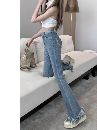 Blue tassel bootcut jeans for women, spring and autumn new style, high-waisted, large size, fat mm, slim-fitting, stretchy, slimming wide-leg pants