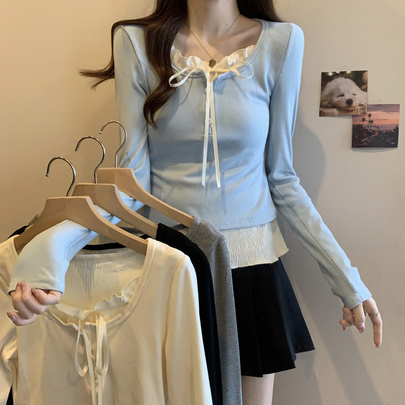 Large size fake two-piece T-shirt for women, spring bow bottoming shirt without ears, slim and beautiful top for women