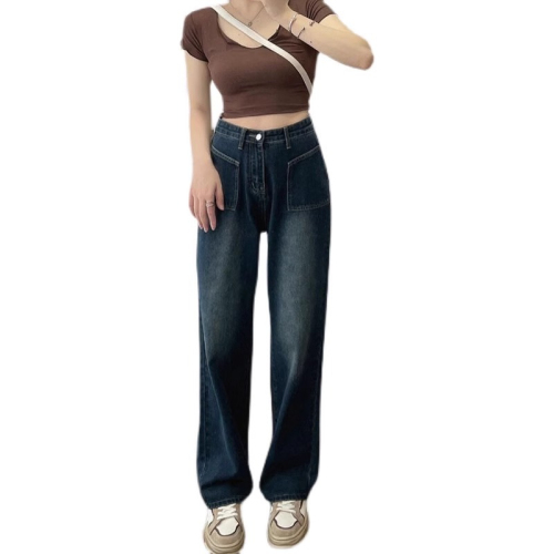 Autumn retro jeans for women, loose and slim design, high-waisted straight wide-leg pants ins trend S-5XL