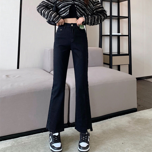 Black stretchy bootcut jeans for women, slim, tall, slightly chubby, plus size, crotch-covering, high-waisted, straight-leg nine-point trousers for small people