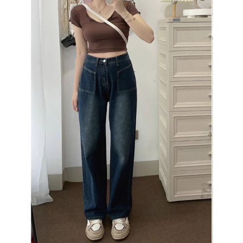 Autumn retro jeans for women, loose and slim design, high-waisted straight wide-leg pants ins trend S-5XL