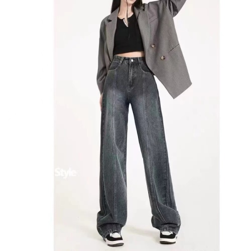 Spring and summer large size wide-leg pants Japanese women's light-colored washed trendy new high-waisted zipper trousers fashionable jeans