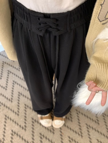 Gray wide-leg sports pants for women with straps, high waist, slimming, lazy style straight-leg floor-length trousers