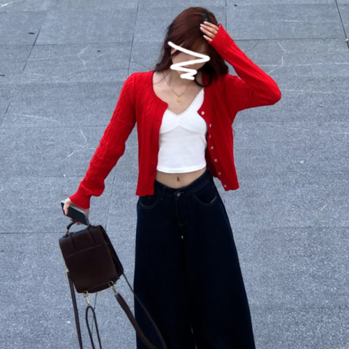 Korean retro lazy style red knitted sweater cardigan for women 2024 new early autumn casual versatile cardigan top