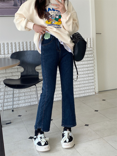 Black stretchy bootcut jeans for women, slim, tall, slightly chubby, plus size, crotch-covering, high-waisted, straight-leg nine-point trousers for small people