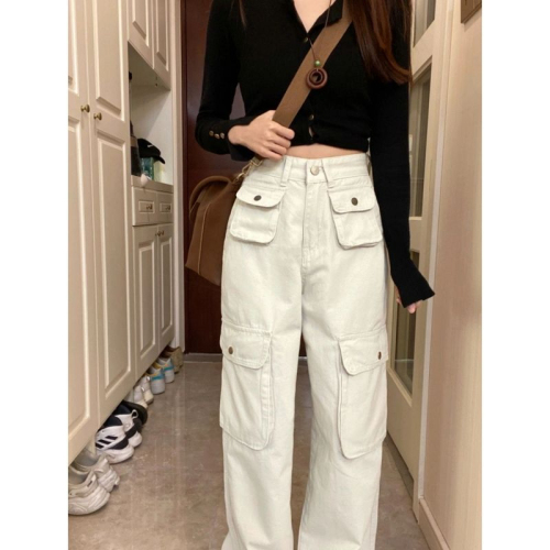 American high street white overalls for women, new design, multi-pockets, loose, slim, wide-legged, long pants, trendy