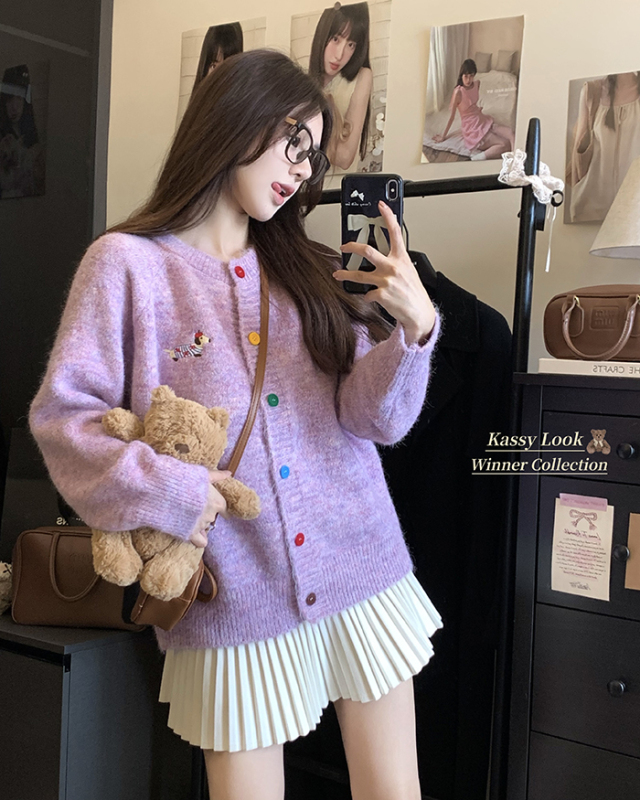Autumn new Korean style loose colorful buckle design cartoon pattern knitted sweater cardigan for women