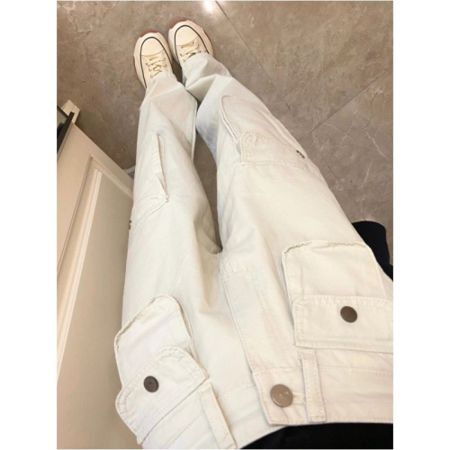 American high street white overalls for women, new design, multi-pockets, loose, slim, wide-legged, long pants, trendy