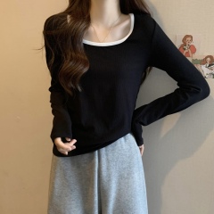 Large size long-sleeved T-shirt women's autumn and winter new inner layered shirt women's slim slim long-sleeved square collar top