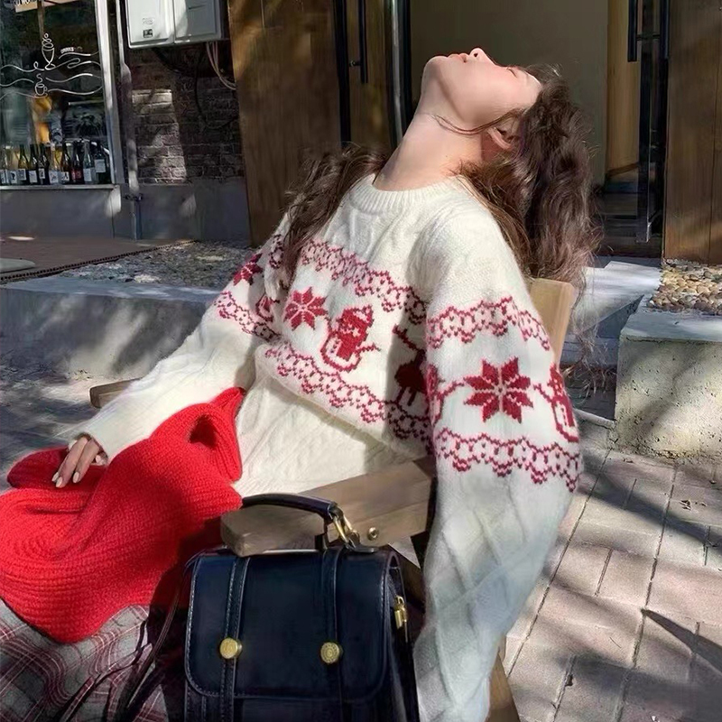 Ready in stock new Christmas style atmosphere jacquard crew neck sweater for women loose