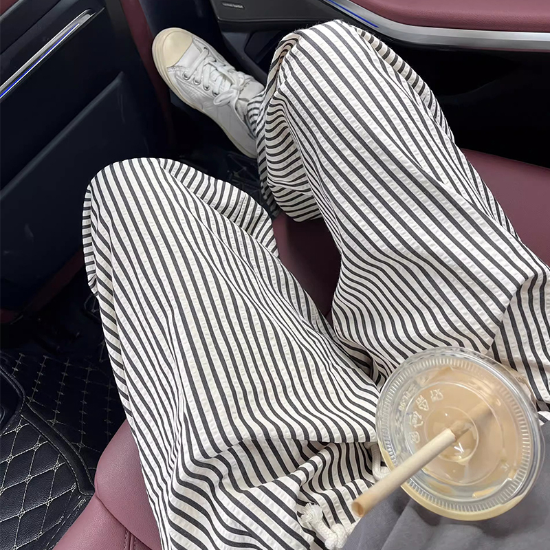 New high-waist slim striped trousers, casual and versatile wide-leg trousers for women, summer thin straight-leg drape trousers
