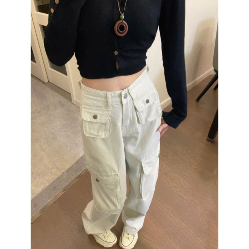 American high street white overalls for women, new design, multi-pockets, loose, slim, wide-legged, long pants, trendy