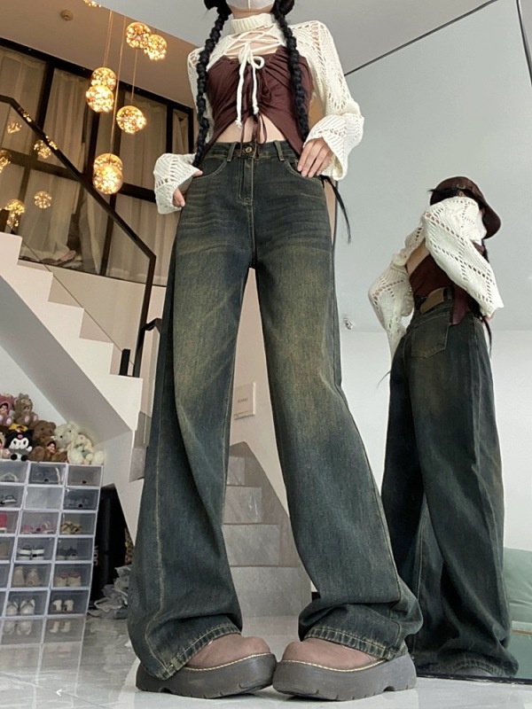 Retro high-waisted wide-leg jeans for women in autumn new slim straight-leg loose and floor-length mopping pants