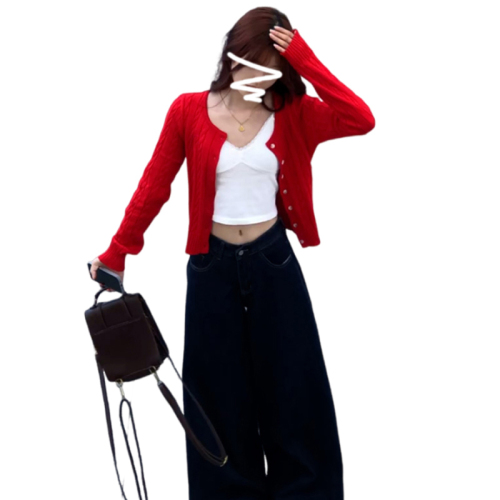 Korean retro lazy style red knitted sweater cardigan for women 2024 new early autumn casual versatile cardigan top