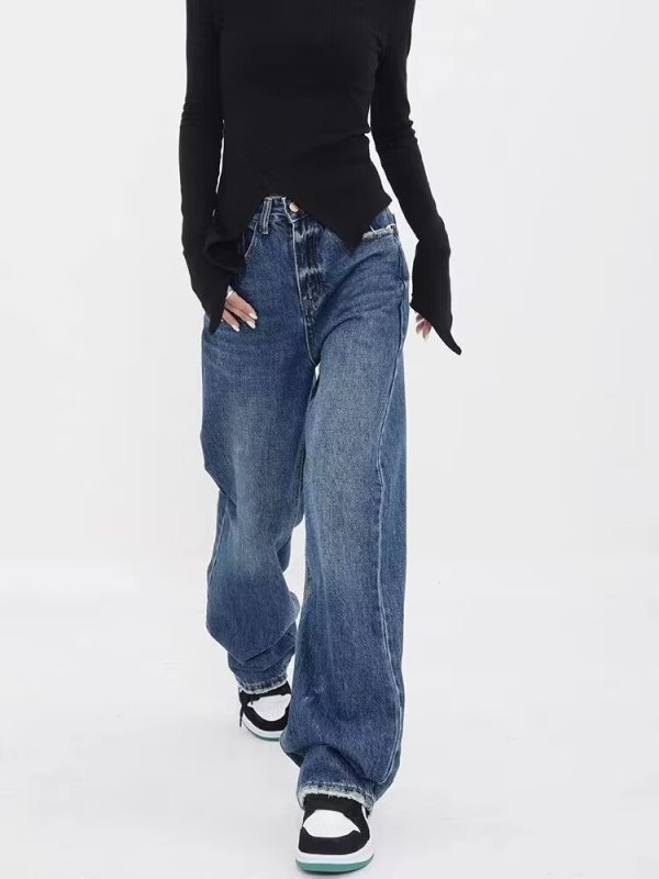 New autumn and winter jeans for women, large size, high-waisted, loose, slim, wide-leg pants, vertical floor-length straight trousers