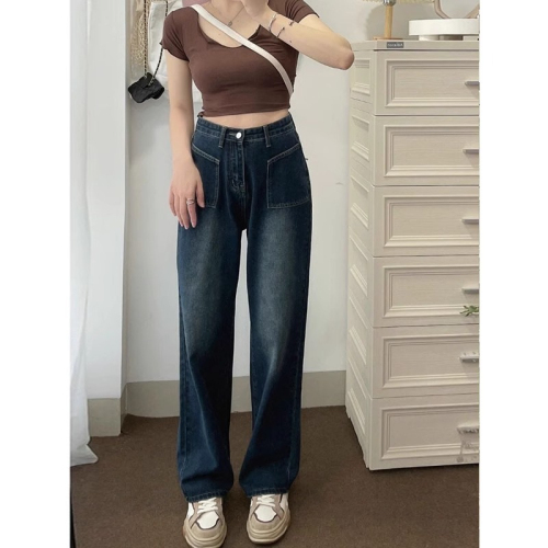 Autumn retro jeans for women, loose and slim design, high-waisted straight wide-leg pants ins trend S-5XL