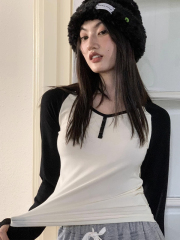 Contrast color V-neck raglan sleeve T-shirt for women early autumn new slim fit bottoming long-sleeved T-shirt
