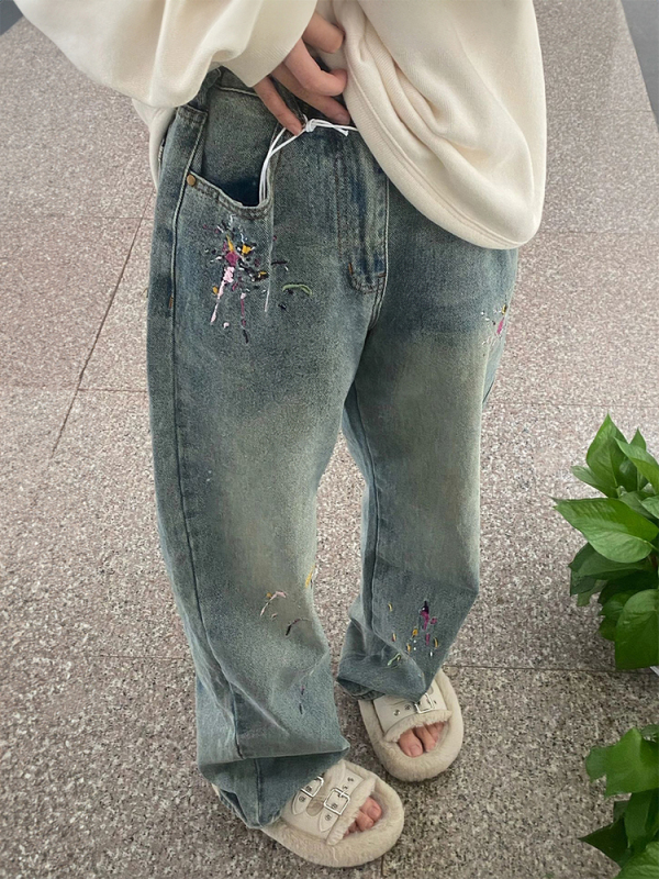 Embroidered jeans for women spring and autumn new style high-waisted loose slim straight trousers pear-shaped body pants