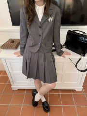 College style badge striped suit pleated skirt suit women's suit jacket skirt two-piece set