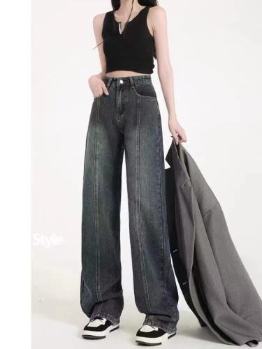 Spring and summer large size wide-leg pants Japanese women's light-colored washed trendy new high-waisted zipper trousers fashionable jeans