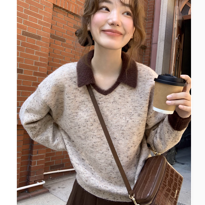 Hello Canon variegated dot yarn contrasting lapel sweater women's autumn and winter loose little top