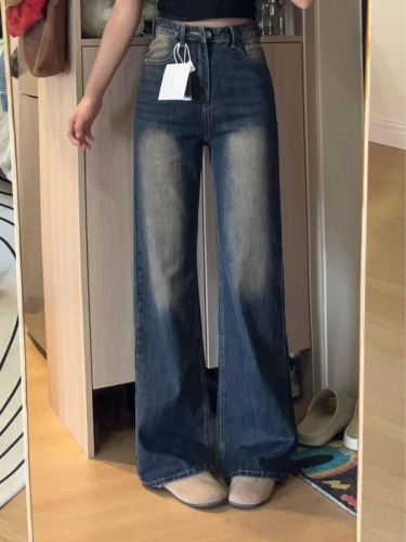 American retro blue washed micro-flared jeans for women, new high-waisted, loose, slim and drapey wide-leg trousers