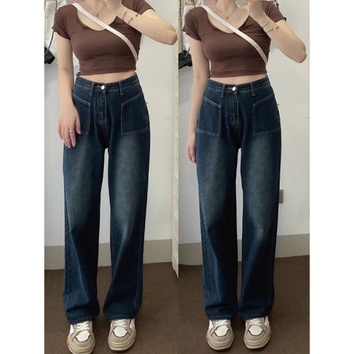 Autumn retro jeans for women, loose and slim design, high-waisted straight wide-leg pants ins trend S-5XL