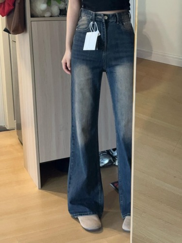 American retro blue washed micro-flared jeans for women, new high-waisted, loose, slim and drapey wide-leg trousers