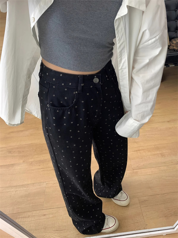 Black polka dot printed jeans for women new fat girl mm high waist loose hip covering slim wide leg trousers