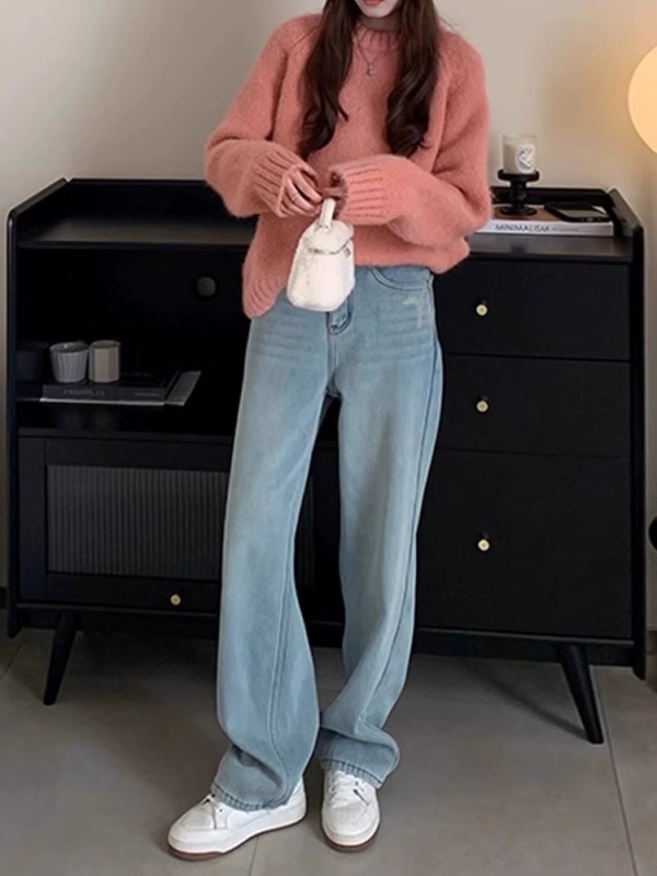 American retro jeans for women plus size spring and autumn new fat mm high-waist slim loose straight wide-leg floor-length trousers