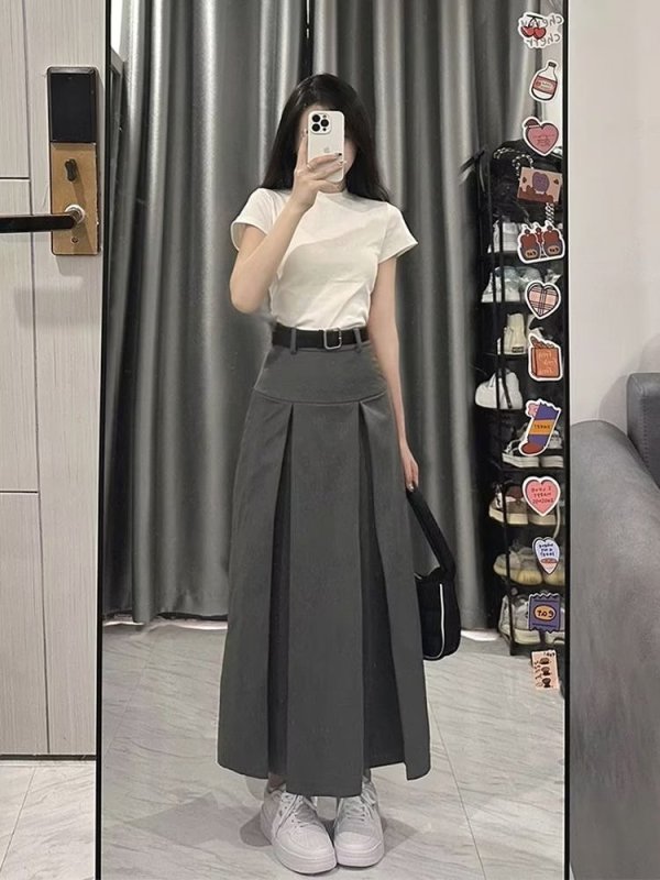 A-line skirt for female plus size fat girl mm high waist slim pear-shaped body wear gray suit skirt pleated skirt