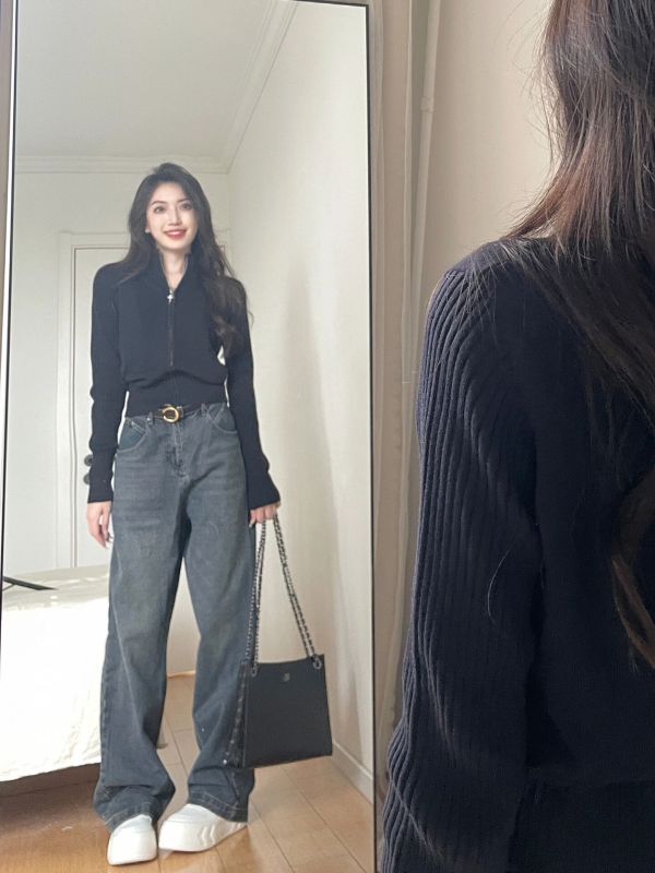 Black stand-up collar thickened sweater jacket spring, autumn and winter women's warm knitted cardigan casual sports short long-sleeved top