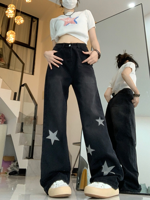 Star Straight Jeans Women's New High Street Student High Waist Slim Loose Wide Leg Pants