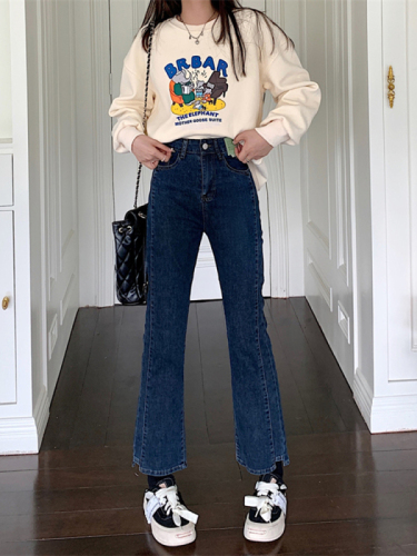 Black stretchy bootcut jeans for women, slim, tall, slightly chubby, plus size, crotch-covering, high-waisted, straight-leg nine-point trousers for small people