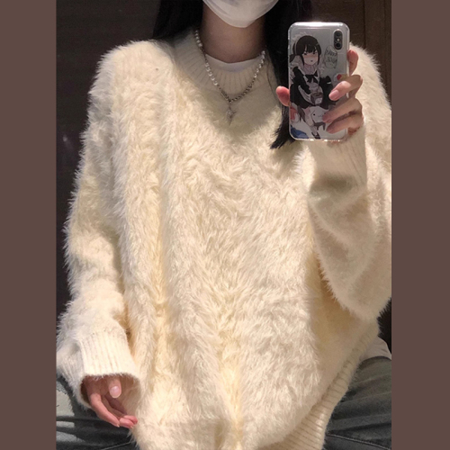 Imitation mohair white sweater women's new autumn and winter fufu lazy style thickened sweater top