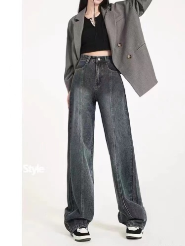 Spring and summer large size wide-leg pants Japanese women's light-colored washed trendy new high-waisted zipper trousers fashionable jeans