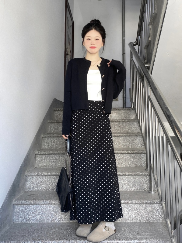 Temperament oni retro polka dot skirt with pockets for women autumn and winter skirt polka dot long skirt