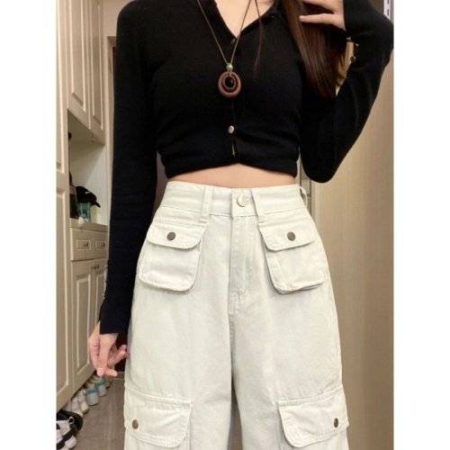 American high street white overalls for women, new design, multi-pockets, loose, slim, wide-legged, long pants, trendy