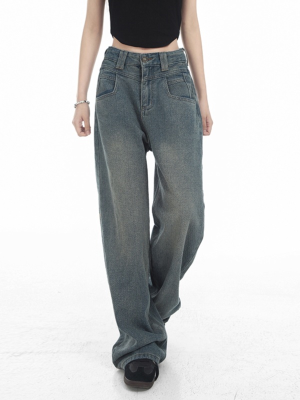 Blue high-waisted straight wide-leg jeans for women, loose and slim, autumn and winter new pear-shaped body trousers