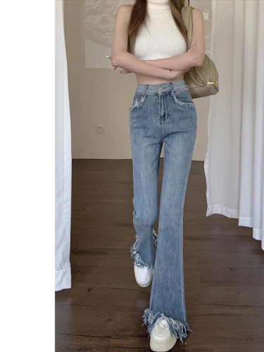 Blue tassel bootcut jeans for women, spring and autumn new style, high-waisted, large size, fat mm, slim-fitting, stretchy, slimming wide-leg pants