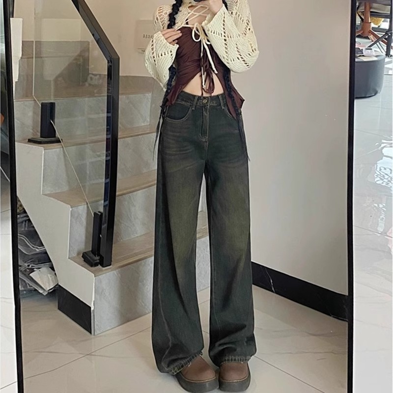 New autumn and winter cement gray straight-leg jeans for women with fat mm, large size slimming high-waisted wide-leg pants plus velvet